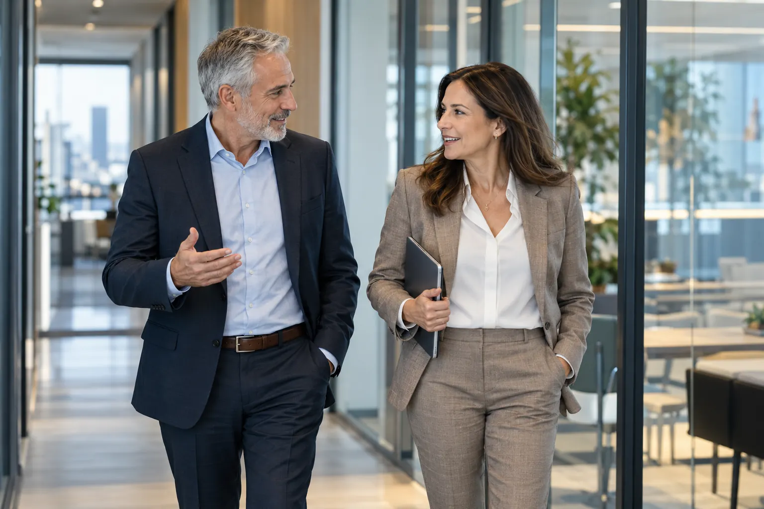 A male and female business professional talking as they walk through an office corridor